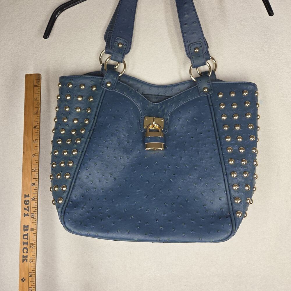 Vtg Expressions NYC Bag Purse Womens Blue Faux Ostrich Tote Hobo 2000s y2k - Picture 4 of 14